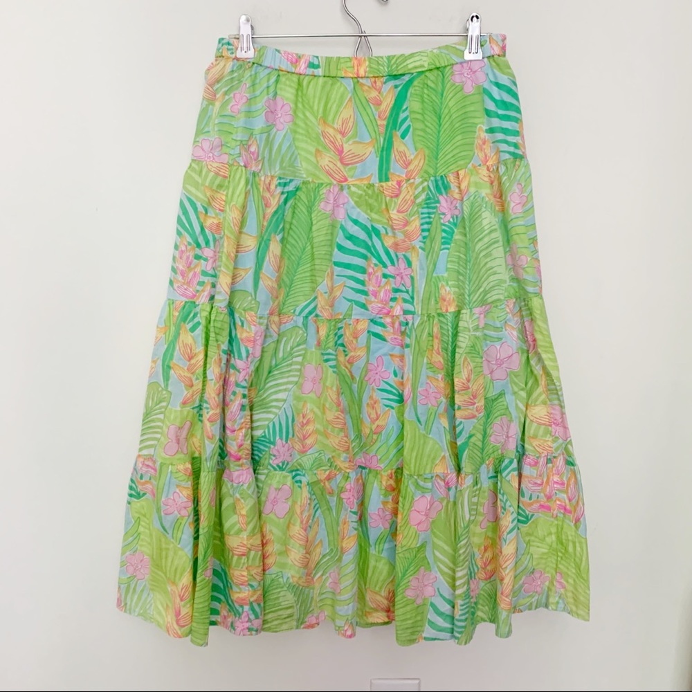 Vintage Lilly Pulitzer Cotton Floral A-Line Skirt - Pink, Green